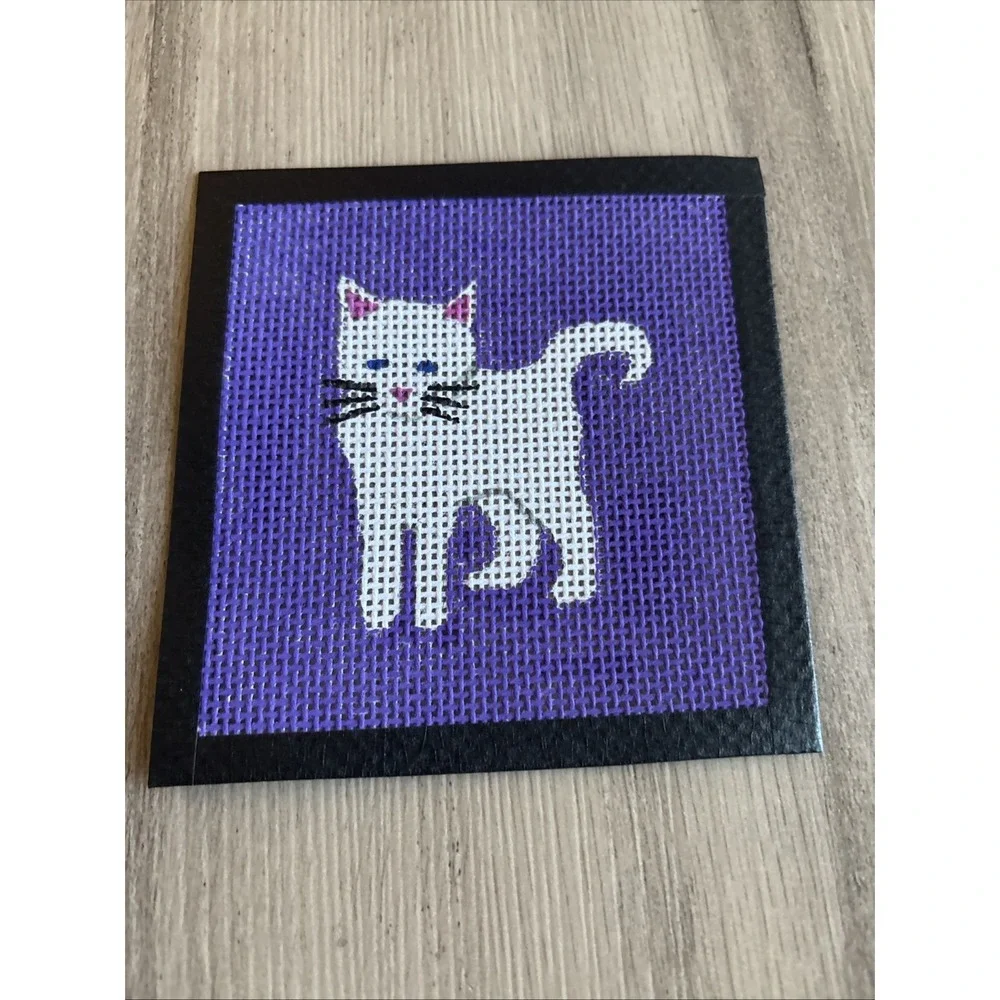 Handpainted Needlepoint cross stitch Canvas Purple White Cat 13 Mesh 4.5